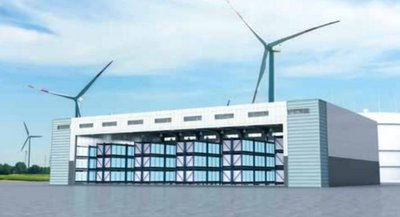 Animiertes großes Gebäude mit Windrädern im Hintergrund