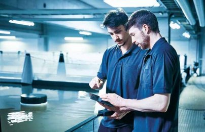 Zwei Männer bei einer Besprechung in der Indoor-Garnelen-Aquakulturanlage
