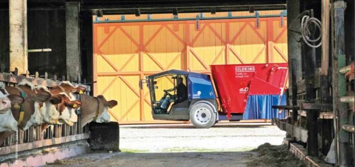 Rot-blauer großer Truck im Hintergrund, davor Innenansicht eines Stalls mit Kühen, die in Richtung des Trucks schauen
