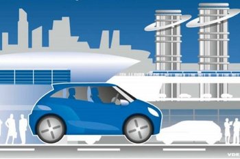 Grafik mit Elektroauto, im Hintergrund die Skyline einer Stadt