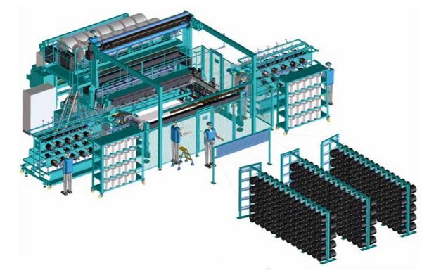 Grafische Darstellung der großen Portalschussmaschine mit 3 Arbeitern um die Maschine herum